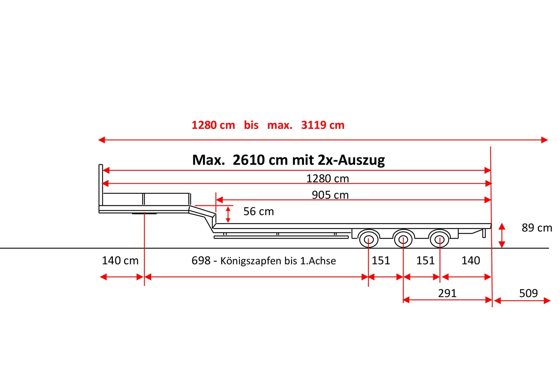 Skizze eines Semisattelaufliegers mit 3-Achsen und Doppel-Tele