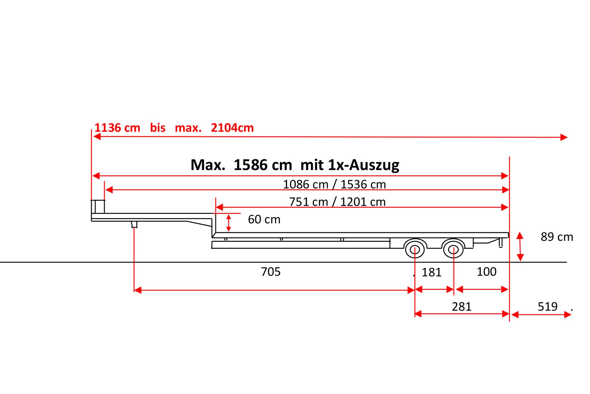 Skizze eines Semisattelaufliegers mit 2-Achsen und Einfach-Tele